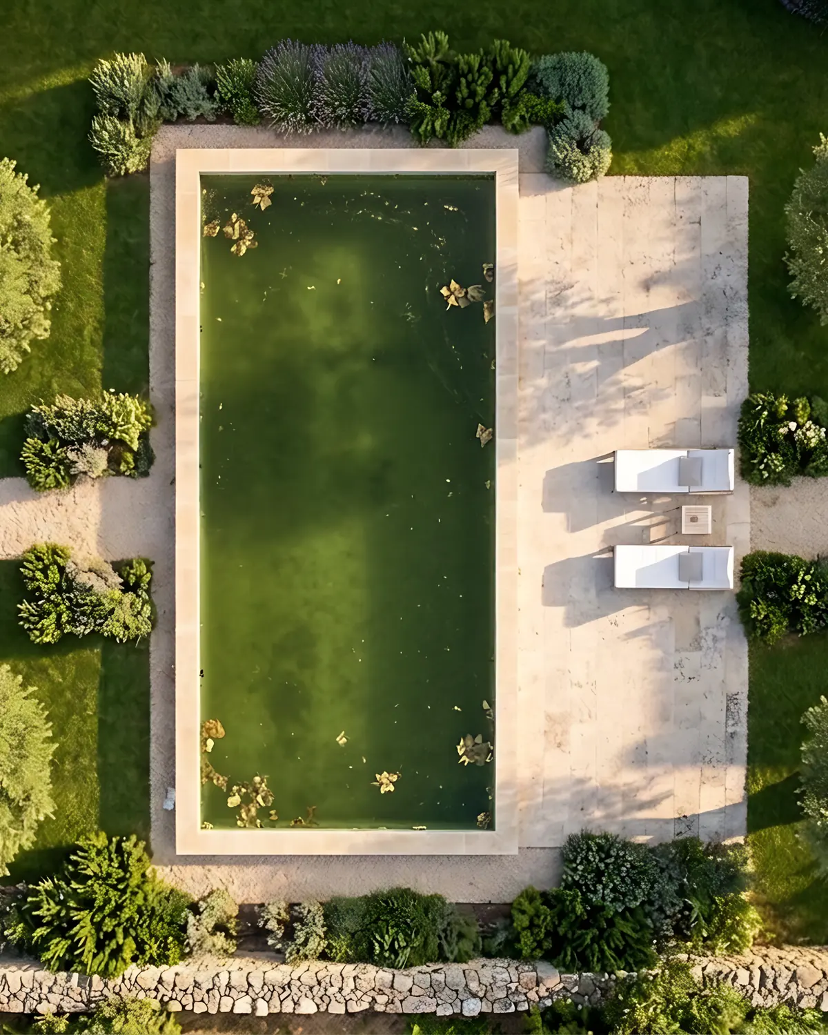 Avant : le bassin vu du dessus, eau verte et trouble, feuilles mortes à la surface