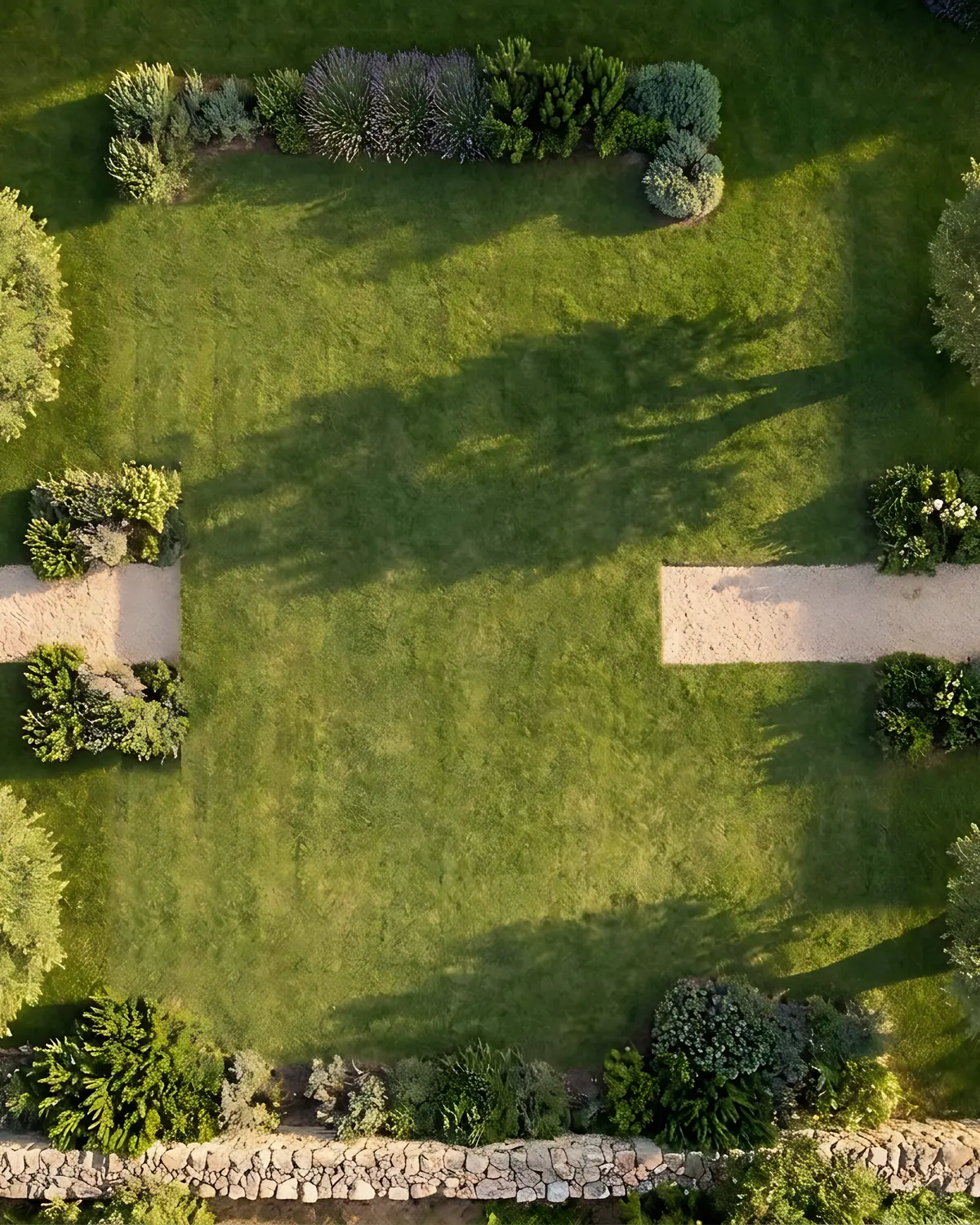Vue du ciel d’un jardin avant les travaux, avec le plan d’implantation du bassin de 11 mètres sur 5 tracé dessus