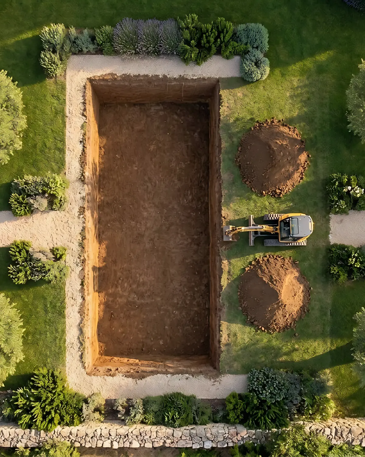 Le même jardin pendant le terrassement : la fouille rectangulaire, une mini-pelle garée à côté et deux tas de terre