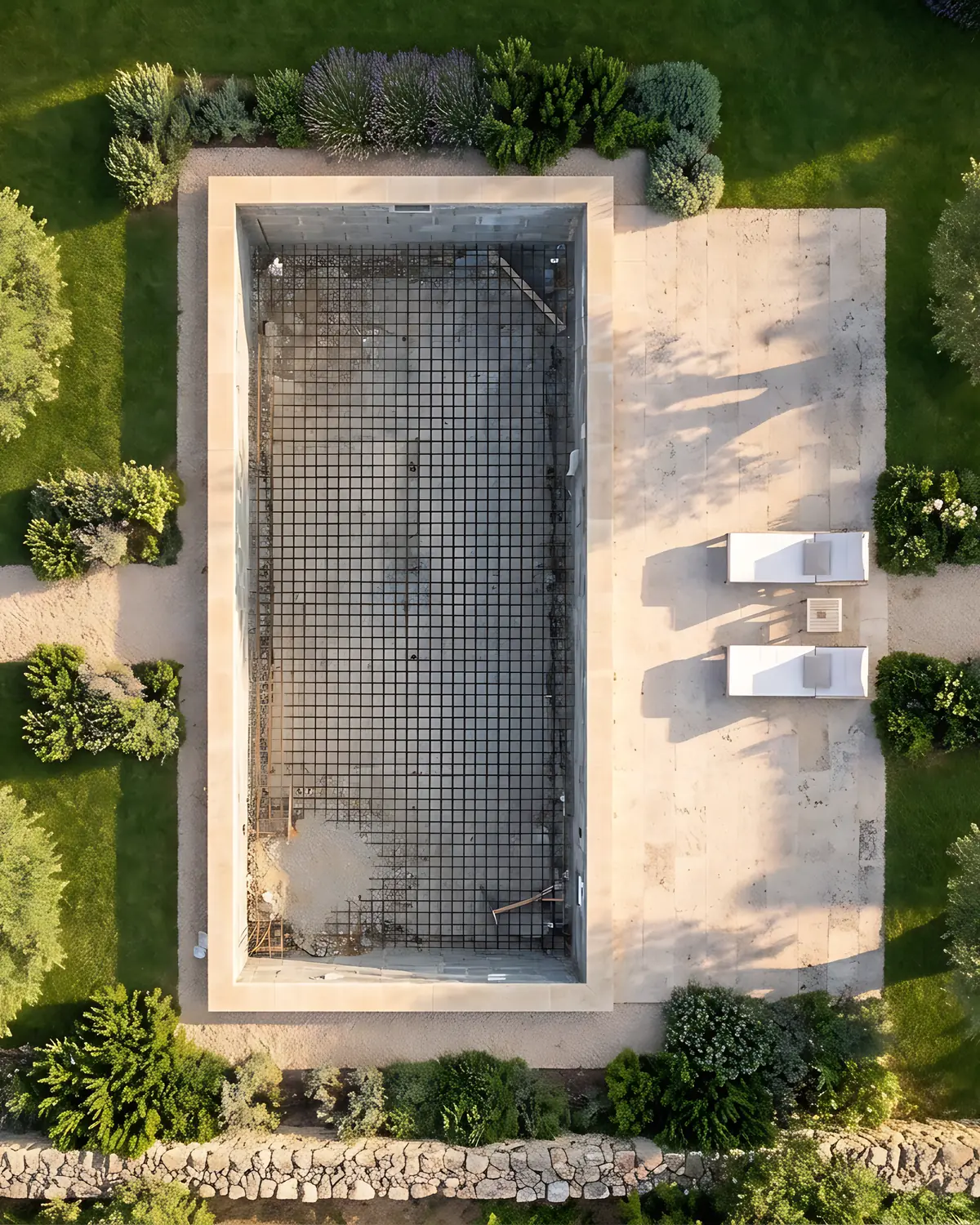 La structure vue du ciel : murs en blocs, radier ferraillé avant le coulage du béton