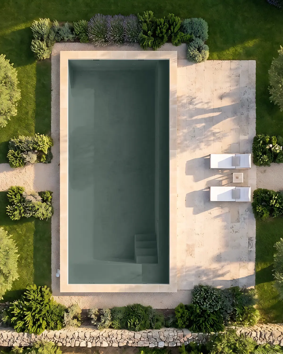 Le bassin terminé mais encore vide : fond en pierre gris-vert, escalier d’angle, margelles et plage en pierre posées