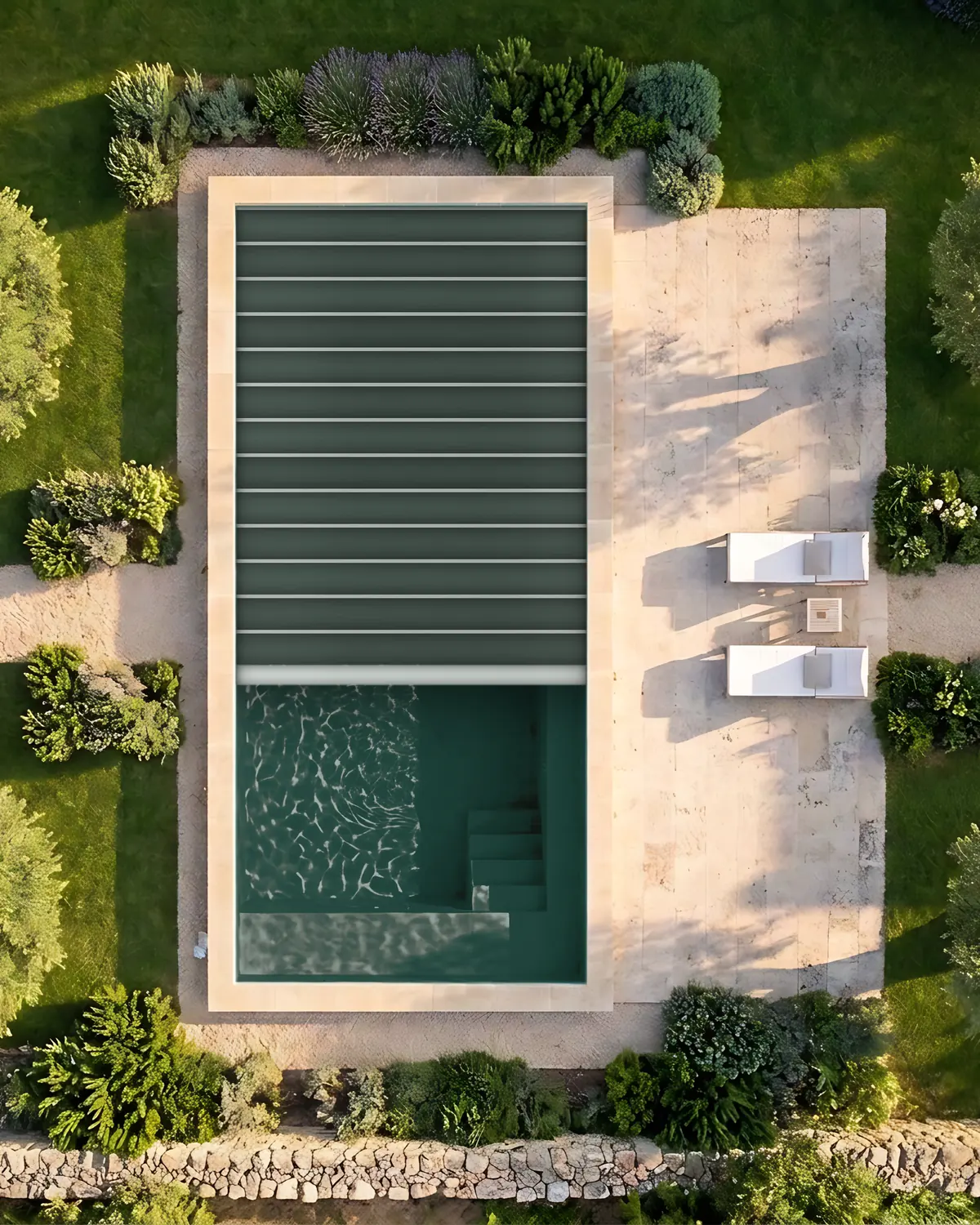 Le même bassin vu du ciel, à demi fermé par une couverture à lames : l’eau reste visible sous la partie ouverte